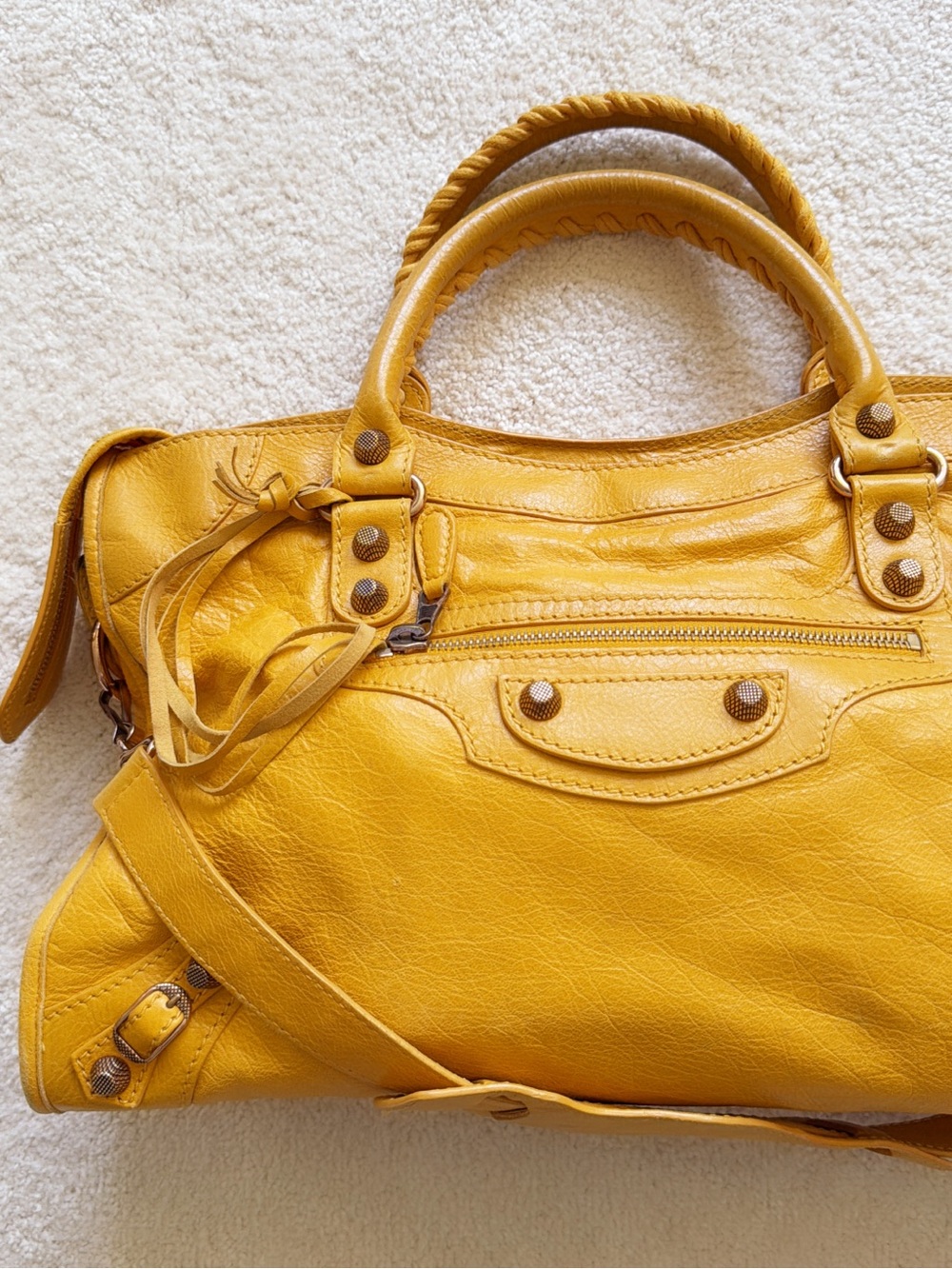 RARE💖 BALENCIAGA Mustard Yellow Medium CITY Motorcycle Shoulder Handbag Vintage - Picture 2 of 14